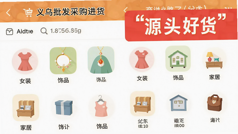 主体为“义乌批发采购进货”App内的商品分类页面,布局为左侧大类右侧小类结构,排版规整,风格为扁平化设计,细节显示“女装”、“饰品”、“家居”等分类图标,画质清晰,干净,文字引号“源头好货”突出显示