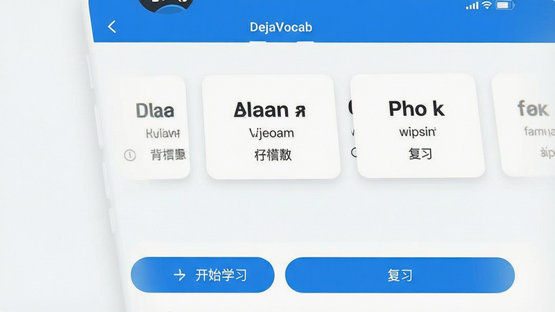 一张高清的智能手机屏幕截图,显示名为“DejaVocab”的英语背单词APP主界面。界面采用清爽的白色背景搭配蓝色主色调,顶部有清晰的导航栏,中间区域展示着单词卡片,包含英文单词、音标和中文释义,底部有“开始学习”和“复习”两个大按钮。布局整洁,排版规整,风格现代简约,细节清晰,画质高,干净,无多余元素