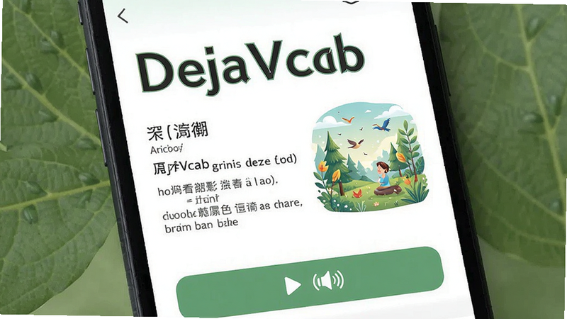 一张手机界面展示图,显示DejaVocab的单词详情页面。页面中央是一个大号的英文单词,下方是清晰的中文释义和例句,旁边配有一张与该单词含义相关的精美插图。底部有播放音频的按钮。风格清新自然,布局合理,排版美观,细节丰富,画质高,干净,无多余元素