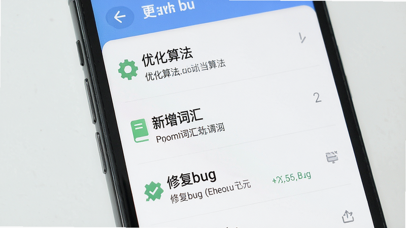 一张展示软件更新日志的手机界面图,列表形式列出“优化算法”、“新增词汇”、“修复bug”等更新项。风格简约,排版清晰,文字可读性强,细节丰富,画质高,干净,无多余元素