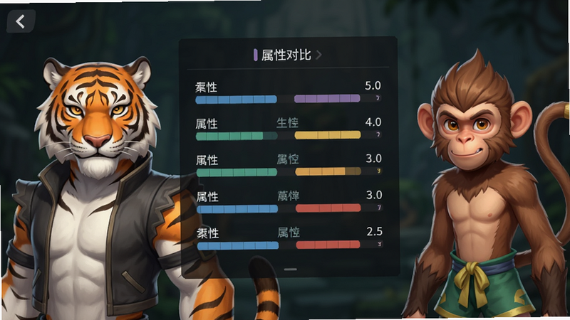 游戏角色选择界面截图,左侧是老虎角色立绘,右侧是猴子角色立绘,中间显示属性对比条,背景为半透明深色UI面板,文字清晰标注角色名称和属性数值,风格简洁现代,布局整齐,画质高清,干净