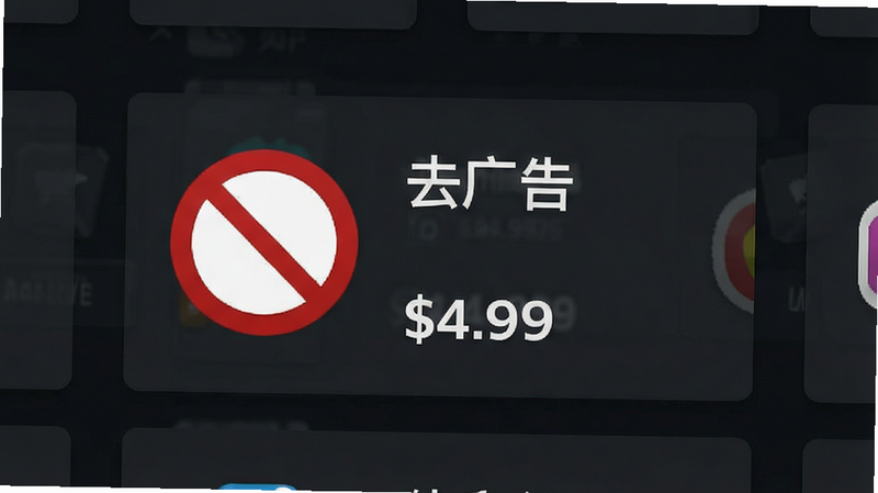 游戏内购商店界面示意图,展示“去广告”商品卡片,图标为禁止符号,价格显示为$4.99,背景为深色UI,文字清晰,风格简洁,布局整齐,画质高清,干净无多余元素