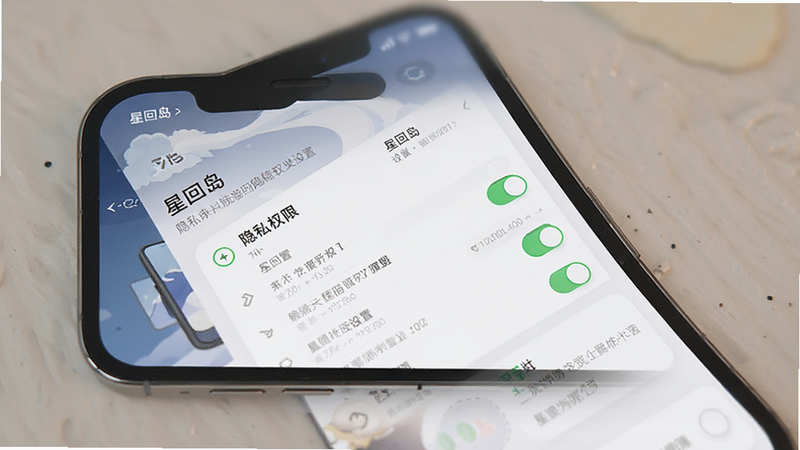 主体为手机界面展示“星回岛”的隐私权限设置页,布局清晰,排版整齐,风格简约,细节显示权限开关状态,画质清晰,干净无多余元素