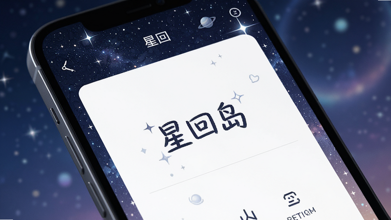 主体为手机界面特写,展示“星回岛”的星空背景,布局为全屏显示,排版留白较多,风格唯美梦幻,细节展现星光闪烁效果,画质8K,干净无多余元素