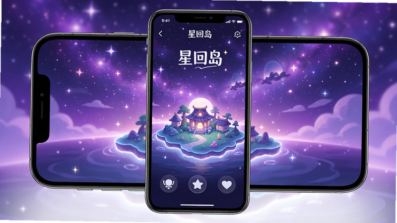 主体为一张高清手机屏幕预览图,屏幕中展示“星回岛”主界面,背景是梦幻的紫色星空与发光的岛屿轮廓,布局居中,排版整洁,风格为二次元治愈系,细节丰富,画质超清,干净无多余元素