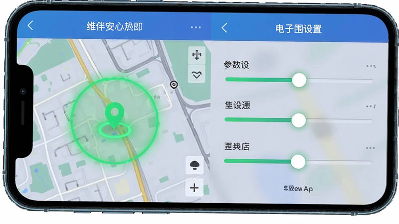 主体为手机界面特写,展示维伴安心App的电子围栏设置页面,布局分为左右两栏,左侧为地图预览,右侧为参数设置滑块,排版对称,风格科技感强,细节包含绿色安全光圈与定位图标,画质清晰,干净,无多余元素