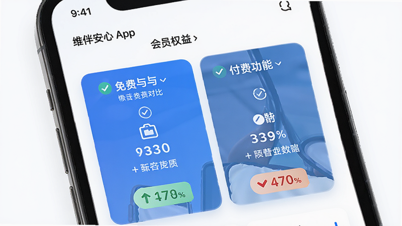 主体为手机界面,展示维伴安心App的会员权益页面,布局卡片式,突出显示免费与付费功能对比,排版清晰,风格商务简约,细节包含对勾图标与价格标签,画质高清,干净,无多余元素