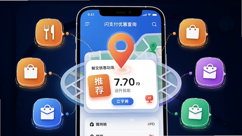 ����һ��չʾ����֧���Żݲ�ѯ��APP�����Ƽ����ܵĸ���ͼ������Ϊ�ֻ���Ļ���ͼ��λͼ���ںϣ���������ͻ���Ƽ���Ƭ����Χ���Ʋ����������ͼ�꣬���Ƽ���ǿ��ɫ�����ޣ�ϸ�ھ��£����ʸ߷ֱ��ʣ��޸���Ԫ��