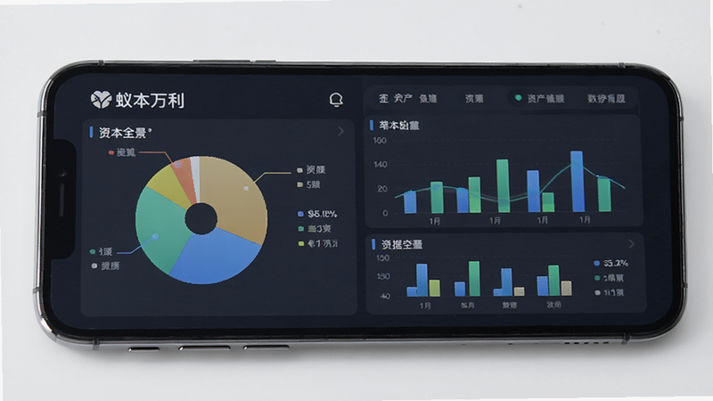 展示手机界面中的资产全景图,包含饼状图、柱状图等多种数据可视化元素,色调清新明亮,突出“蚁本万利”品牌标识,界面布局整洁有序,强调数据清晰易读,风格现代简约,高清细节,无杂乱背景