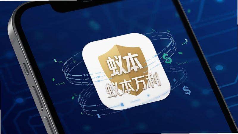 画面主体为手机屏幕特写,背景为深蓝色科技感渐变,屏幕中央显示“蚁本万利”APP图标,图标设计简洁现代,采用金色与白色搭配,象征财富与安全,周围环绕着抽象的数据流线条,体现金融数据实时传输的概念,整体风格扁平化,高清无噪点,无多余元素