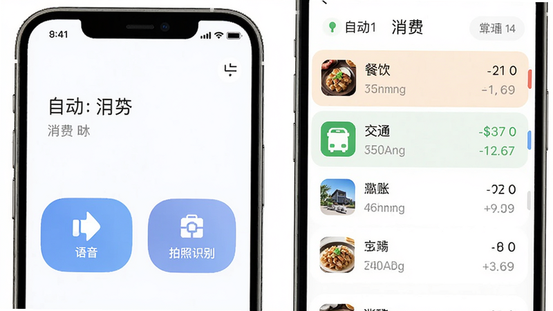 手机界面展示记账功能,突出语音输入和拍照识别按钮,旁边显示自动分类的消费列表,如餐饮、交通等,界面简洁大方,配色柔和,强调操作的便捷性,风格扁平化,高清画质,无多余装饰