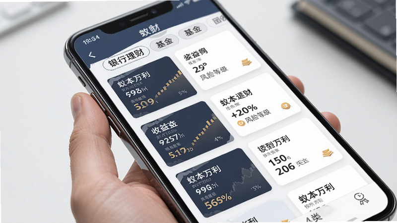 手机界面展示理财产品列表,包含银行理财、基金等分类标签,每个产品卡片显示名称、收益率、风险等级等关键信息,界面设计专业严谨,突出“蚁本万利”的品牌信任感,风格商务简约,高清细节,无杂乱元素