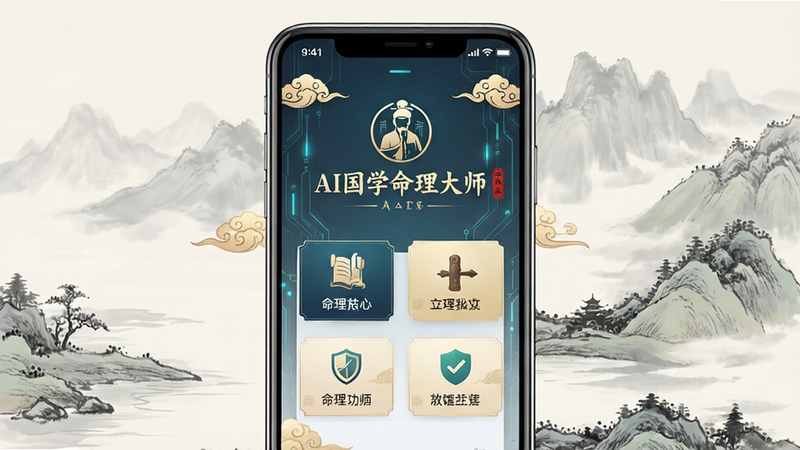 主体为手机屏幕显示AI国学命理大师APP界面,背景为淡雅的水墨山水风格,屏幕中央显示“AI国学命理大师”Logo及核心功能入口,布局居中对称,排版简洁大方,风格为国风科技感,细节处有祥云纹样装饰,画质高清,干净,无多余元素,文字“AI国学命理大师”清晰可见