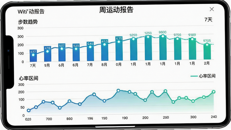 一张数据图表展示图,主体为WitiSports App内的周报界面,布局为上下结构,上部是近7天的步数柱状图,下部是心率趋势折线图,配色为蓝绿渐变,风格专业严谨,坐标轴清晰,数据点突出,背景为纯白,画质锐利,文字显示为“周运动报告”、“步数趋势”、“心率区间”