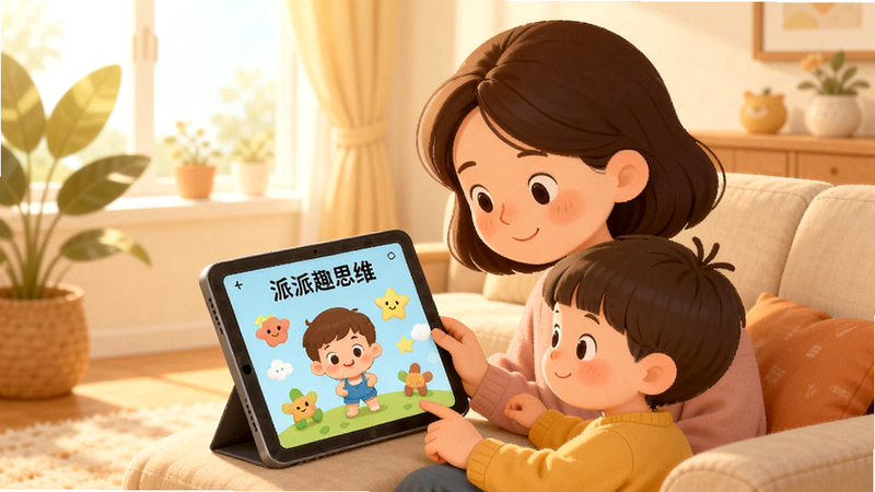 温馨插画,展示一位母亲和儿童共同使用平板电脑玩“派派趣思维”游戏,场景位于明亮的客厅,布局温馨和谐,风格温暖柔和,细节描绘专注的神情,高清画质,无杂乱背景