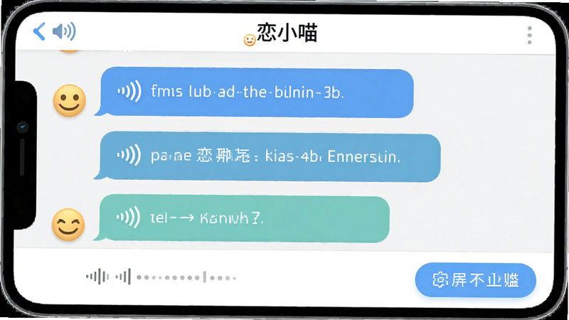 恋小喵聊天界面,主体为对话气泡与功能按钮,布局上下分布消息流,排版紧凑有序,风格为清新简约,细节显示语音条与表情图标,画质细腻,干净,无多余元素