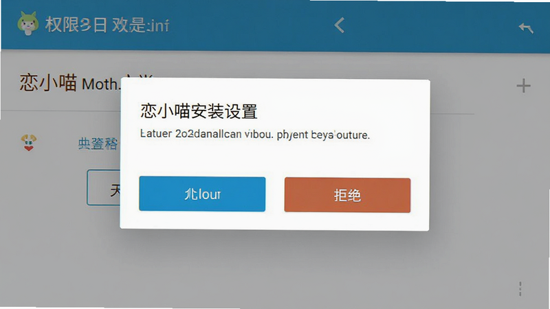 恋小喵安卓安装设置界面,主体为权限请求弹窗,布局居中显示,排版简洁,风格为系统原生UI,细节显示允许与拒绝按钮,画质清晰,干净,无多余元素