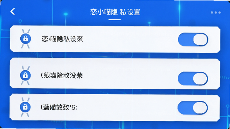 恋小喵隐私设置界面,主体为开关选项列表,布局纵向排列,排版简洁明了,风格为科技感蓝白色调,细节包含锁形图标,画质高保真,干净,无多余元素