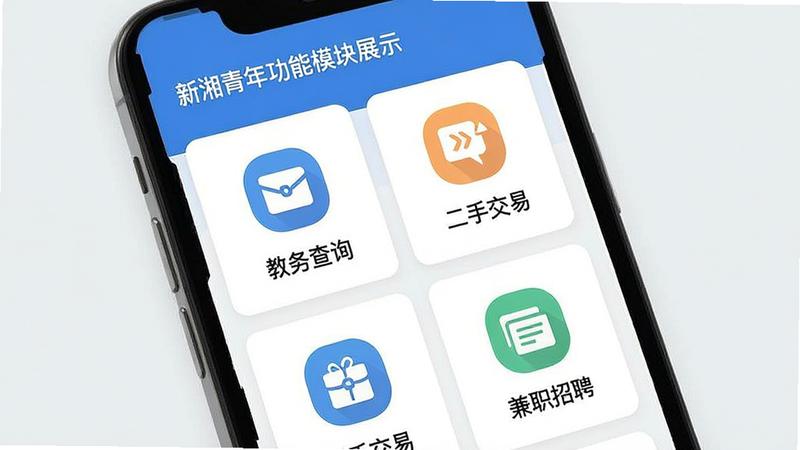 新湘青年功能模块展示,主体为手机界面,布局为卡片式排列,展示“教务查询”、“二手交易”、“兼职招聘”等图标,排版整齐,风格扁平化,细节清晰,画质高清,干净,无多余元素