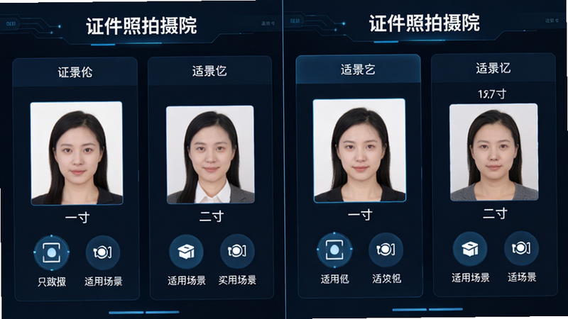 “证件照拍摄院”软件界面展示,分屏显示不同尺寸规格选项,如一寸、二寸,布局左右对比,排版清晰,风格科技感,细节显示尺寸数值和适用场景图标,画质清晰,干净,无多余元素