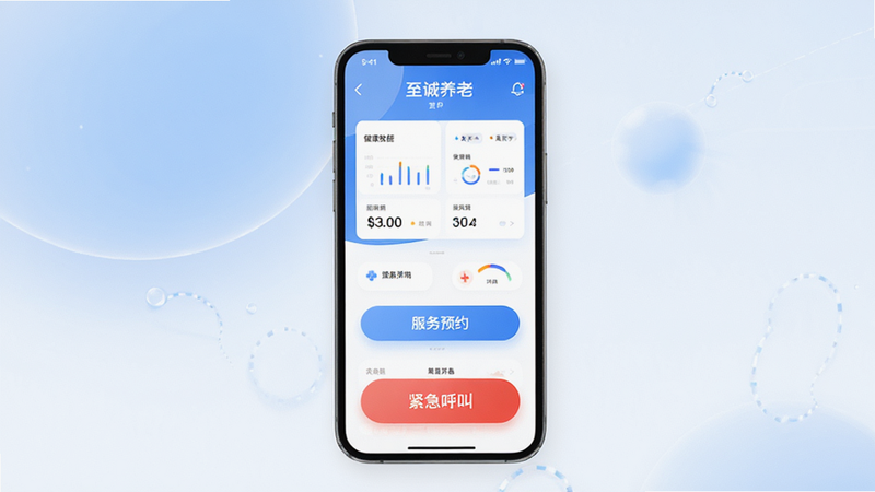 主体为手机界面展示图,布局清晰,中心显示“至诚养老”APP主页,包含健康数据仪表盘、服务预约按钮和紧急呼叫大按钮,排版整洁有序,风格为现代简约科技风,细节处有柔和的蓝色与白色渐变背景,画质高清,干净,无多余元素