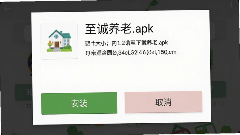 主体为下载完成界面,布局居中,显示“安装”与“取消”按钮,上方显示“至诚养老.apk”文件名,排版简洁,风格为安卓系统标准风格,细节包含文件大小与来源信息,画质清晰,干净,无多余元素