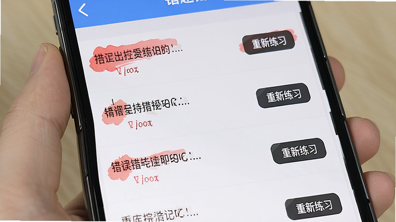 手机界面展示错题列表,红色标记错误题目,旁边有“重新练习”按钮,布局整齐,高清,清晰