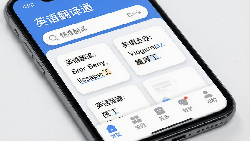 主体为一张高清的手机界面截图,展示“英语翻译通”APP的主界面。布局简洁,顶部是搜索栏,中间显示中英文对照的翻译结果卡片,底部是功能导航栏。排版清晰,风格为现代扁平化UI设计,细节包括柔和的阴影和圆角卡片。画质4k,干净,无多余元素。文字包含“英语翻译通”和“精准翻译”
