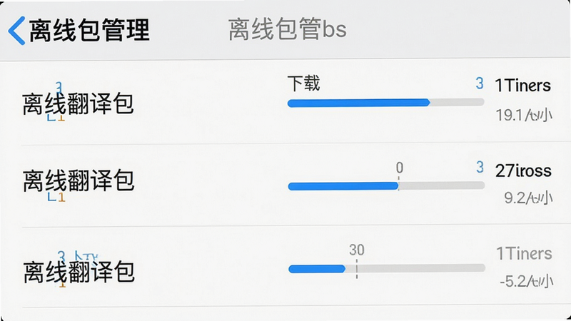 主体为手机设置界面的截图,显示“离线包管理”页面。布局列表式,左侧是不同语言的离线包名称,右侧是下载进度条和大小。排版简洁,风格为系统原生UI,细节包括蓝色的进度条和灰色的未下载项。画质清晰,UI元素锐利,无杂乱背景。文字包含“离线翻译包”