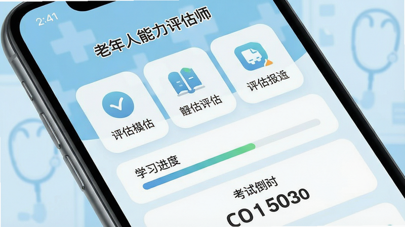 一张展示智能手机屏幕的图片,屏幕中显示着“老年人能力评估师”应用的主界面,界面包含清晰的评估模块图标、学习进度条和考试倒计时,背景为柔和的医疗蓝色调,风格简约现代,高清细节,无多余元素,干净