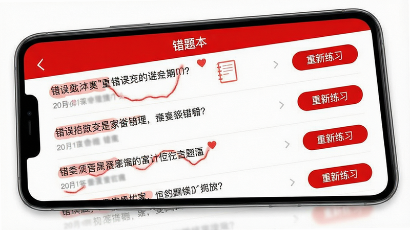 手机界面展示“错题本”功能模块,列表中显示多道标记为红色的错误题目,右侧有“重新练习”按钮,界面配色以红白为主,突出警示效果,布局整齐,高清,干净,无多余元素