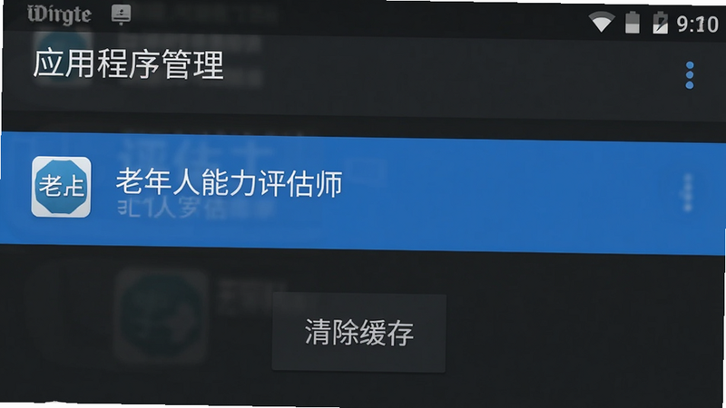 手机设置界面截图,显示“应用程序管理”列表,其中“老年人能力评估师”被高亮选中,下方有“清除缓存”按钮,界面风格为Android原生深色模式,清晰直观,高清,干净,无多余元素