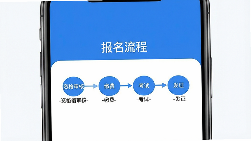 手机屏幕显示“报名流程”引导页,步骤条清晰展示“资格审核-缴费-考试-发证”四个阶段,界面简洁明了,蓝色主色调,高清,干净,无多余元素