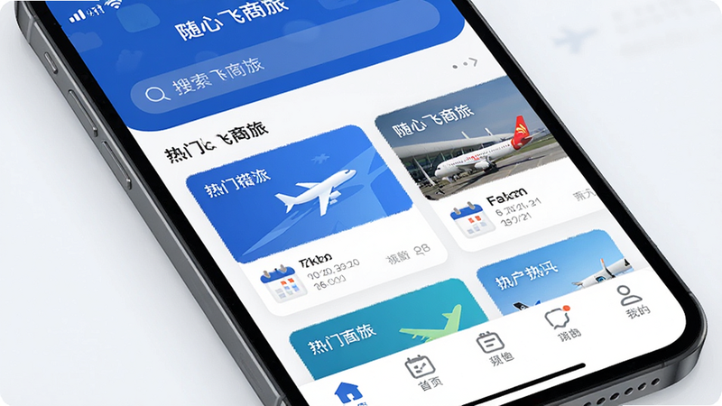 主体为手机屏幕特写,显示“随心飞商旅”APP首页界面,布局清晰,顶部有搜索栏,中部展示热门航线卡片,底部有导航栏,风格现代简约商务蓝,细节包含飞机图标与日历组件,画质高清,干净,无多余元素