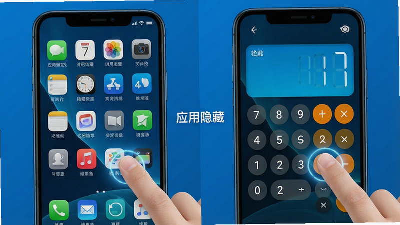 手机界面展示应用隐藏功能,左侧为普通桌面,右侧为隐藏后的计算器伪装界面,布局对比鲜明,排版工整,风格为科技感蓝色调,细节显示手指点击屏幕动作,画质清晰,干净,无多余元素,文字“应用隐藏”清晰可见