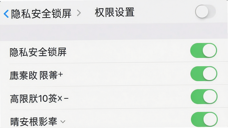 手机设置界面截图,显示“隐私安全锁屏”应用权限列表,布局清晰,排版整齐,风格为系统原生UI,细节显示权限开关状态,画质清晰,干净,无多余元素,文字“权限设置”清晰可见