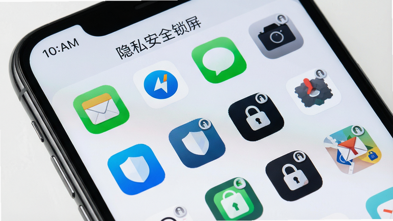 主体为手机屏幕特写,显示“隐私安全锁屏”App界面,布局清晰,顶部显示时间,中间为网格状应用图标,部分图标带有锁形标记,排版整洁,风格为现代极简UI设计,细节丰富,显示蓝色安全盾牌图标,画质高清,干净,无多余元素,文字“隐私安全锁屏”清晰可见