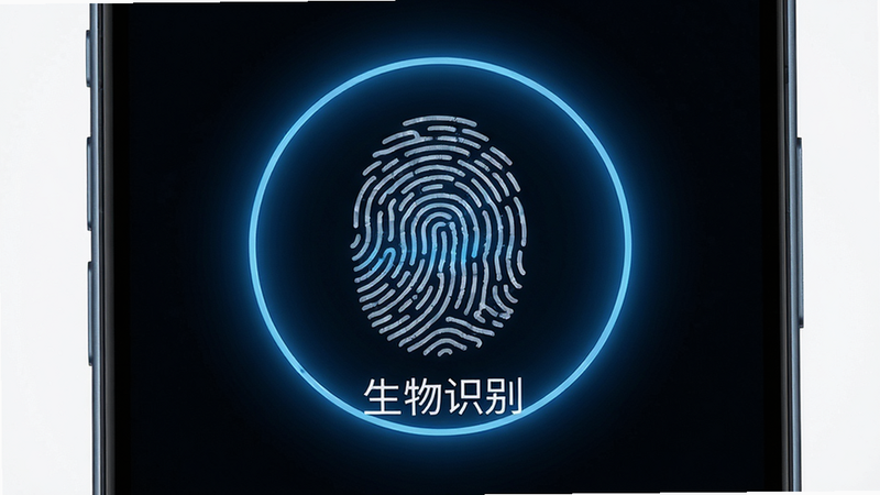 手机屏幕中央显示指纹识别图标,周围环绕着蓝色光晕,布局中心对称,排版简洁,风格为未来科技风,细节展示指纹纹路清晰,画质高保真,干净,无多余元素,文字“生物识别”清晰可见