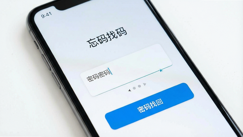 手机屏幕显示“忘记密码”流程,布局简洁,排版清晰,风格为友好UI设计,细节展示输入框和按钮,画质高清,干净,无多余元素,文字“密码找回”清晰可见