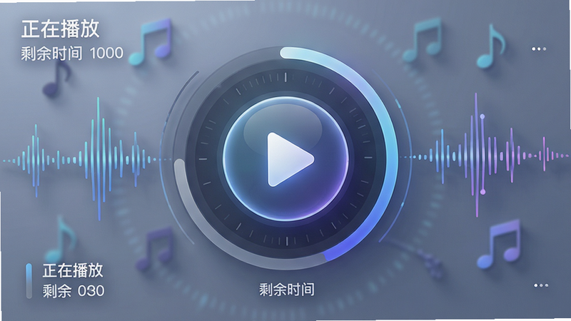 主体为猜歌进行中的界面,布局中心为巨大的播放按钮与进度环,排版突出交互性,风格为科技感与音乐性结合,细节显示声波波动动画效果,画质高保真,干净,无多余元素,画面中文字“正在播放”与“剩余时间”清晰标注