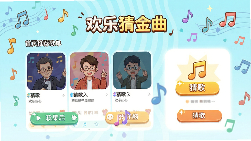 主体为“欢乐猜金曲”安卓应用界面全景,布局清晰展示首页推荐歌单与猜歌入口,排版简洁大方,风格为清新卡通插画风,细节包括音符背景装饰与高亮按钮,画质高清,干净,无多余元素,画面中文字“欢乐猜金曲”清晰可见