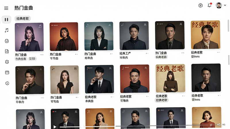 主体为音乐曲库列表界面,布局采用网格状展示专辑封面,排版整齐有序,风格为现代简约UI设计,细节包含播放进度条与歌曲名称标签,画质清晰,干净,无多余元素,画面中文字“热门金曲”与“经典老歌”作为分类标签显示