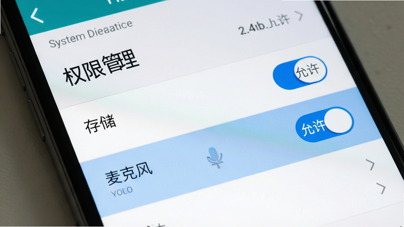 主体为手机设置界面,布局展示应用权限管理页面,排版为列表式结构,风格为系统原生UI风格,细节高亮显示“存储”与“麦克风”权限开关,画质清晰,干净,无多余元素,画面中文字“权限管理”与“允许”清晰可见