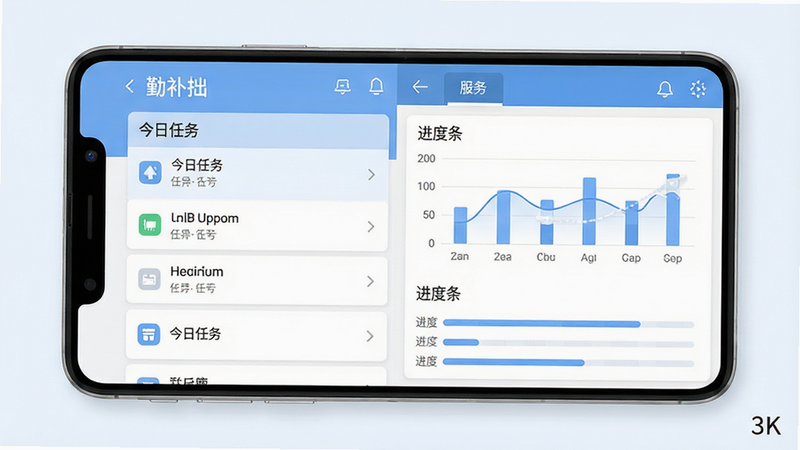 主体为“勤补拙”安卓应用界面全景图,布局采用左右分栏,左侧为任务列表,右侧为数据统计图表,排版清晰整洁,风格为现代极简扁平化设计,细节包含柔和的蓝白配色与清晰的图标,画质高清8K,干净无多余元素,文字显示为“今日任务”与“进度条”