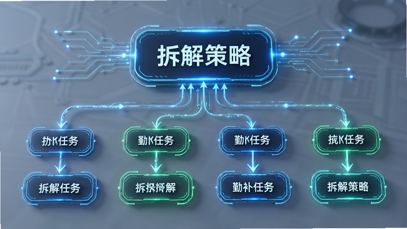 主体为“勤补拙”任务拆解功能演示,布局为流程图样式,上方为一个大目标节点,下方分支出多个小任务节点,排版逻辑清晰,风格为科技感线条图,细节包含箭头连接与节点高亮,画质高清,干净简洁,文字显示为“拆解策略”