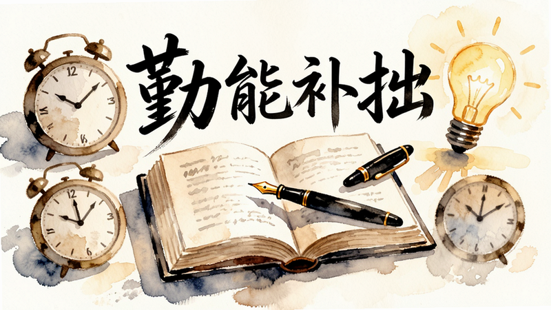 主体为“勤补拙”概念插画,布局为中央书本与钢笔,周围环绕着时钟与灯泡,排版艺术化,风格为手绘水彩风,细节包含柔和的光影效果,画质高清,意境深远,文字显示为“勤能补拙”
