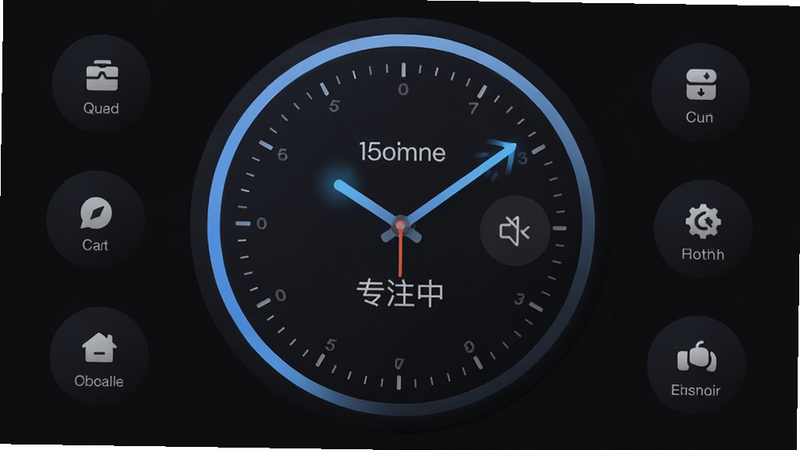 主体为“勤补拙”专注模式界面,布局为中央大圆形计时器,周围环绕着简洁的功能按钮,排版对称平衡,风格为深色护眼模式,细节包含动态时钟指针与静音图标,画质超清,纯净无杂物,文字显示为“专注中”