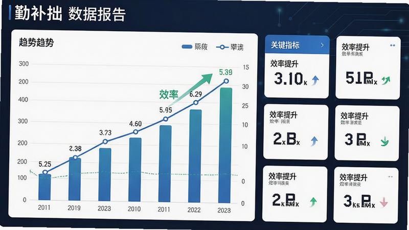 主体为“勤补拙”数据报告界面,布局为柱状图与折线图组合,左侧为趋势图,右侧为关键指标卡片,排版专业严谨,风格为商务分析风,细节包含数据标签与趋势箭头,画质高清,清晰易读,文字显示为“效率提升”