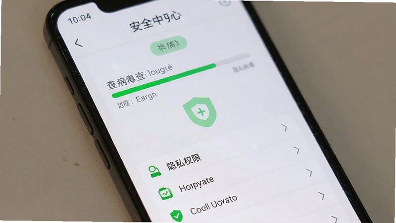 手机界面显示安全中心页面,包含病毒查杀进度条、隐私权限列表,绿色盾牌图标,界面清晰,高清