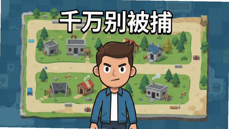 主体为《千万别被捕》游戏主界面截图,布局居中,展示主角角色与背景地图,排版清晰,风格为扁平化卡通画风,细节丰富,画质高清,干净无多余元素,文字“千万别被捕”居中显示